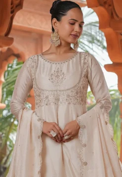 Embroidered Art Silk Anarkali Suit in Cream
