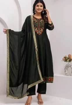 Embroidered Art Silk Anarkali Suit in Dark Green
