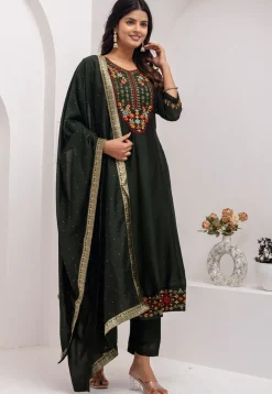 Embroidered Art Silk Anarkali Suit in Dark Green