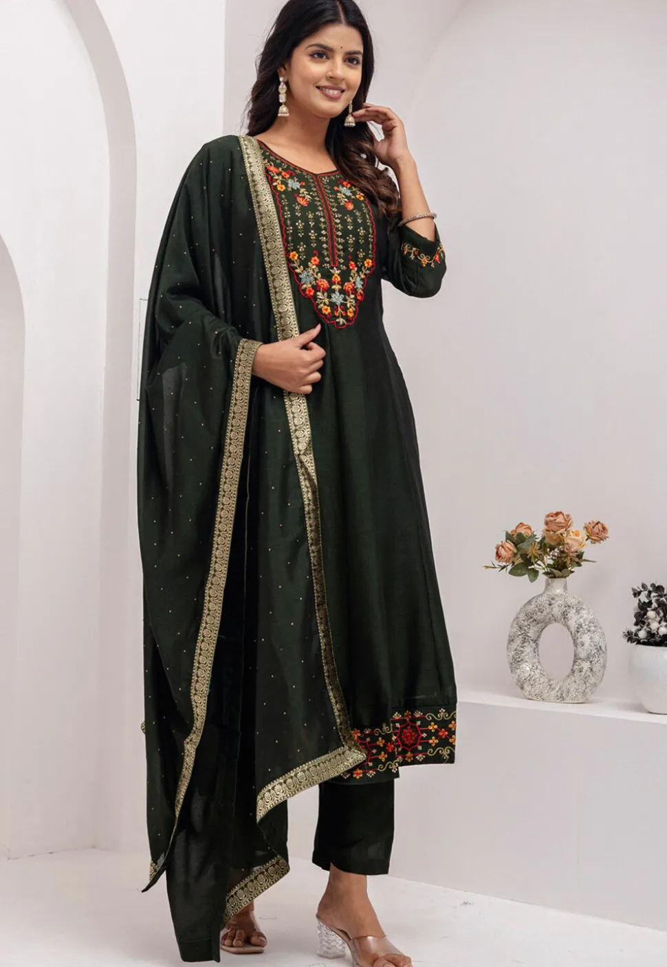 Embroidered Art Silk Anarkali Suit in Dark Green