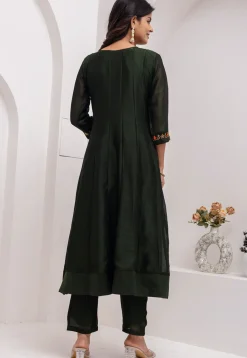 Embroidered Art Silk Anarkali Suit in Dark Green