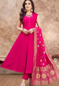 Embroidered Art Silk Anarkali Suit in Fuchsia