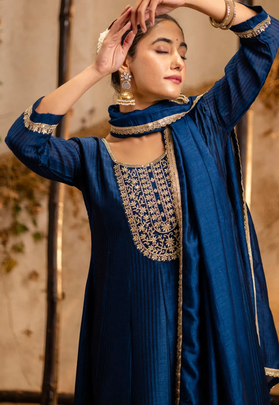 Embroidered Art Silk Anarkali Suit in Dark Blue
