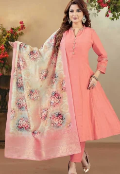 Embroidered Art Silk Anarkali Suit in Peach