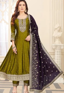 Embroidered Art Silk Anarkali Suit in Olive Green