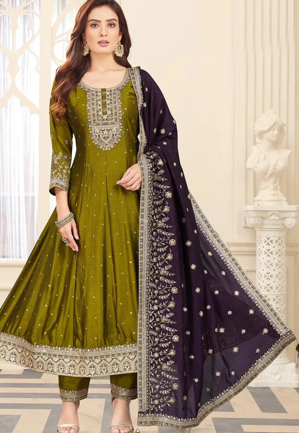 Embroidered Art Silk Anarkali Suit in Olive Green