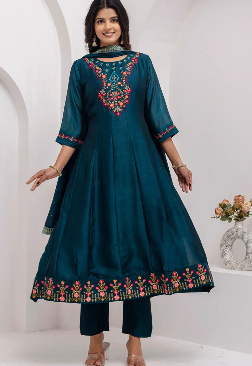 Embroidered Art Silk Anarkali Suit in Teal Blue