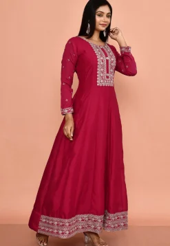 Embroidered Art Silk Anarkali Suit in Fuchsia