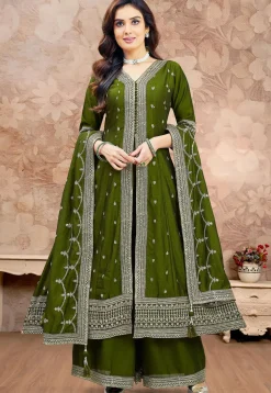 Embroidered Art Silk Anarkali Suit in Olive Green
