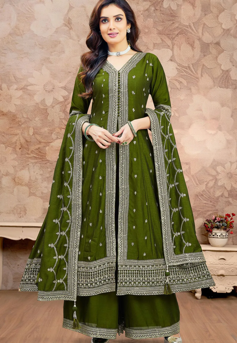 Embroidered Art Silk Anarkali Suit in Olive Green