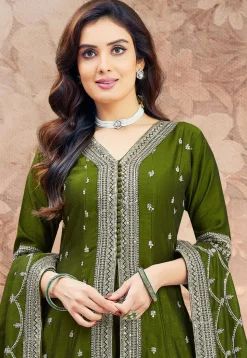 Embroidered Art Silk Anarkali Suit in Olive Green