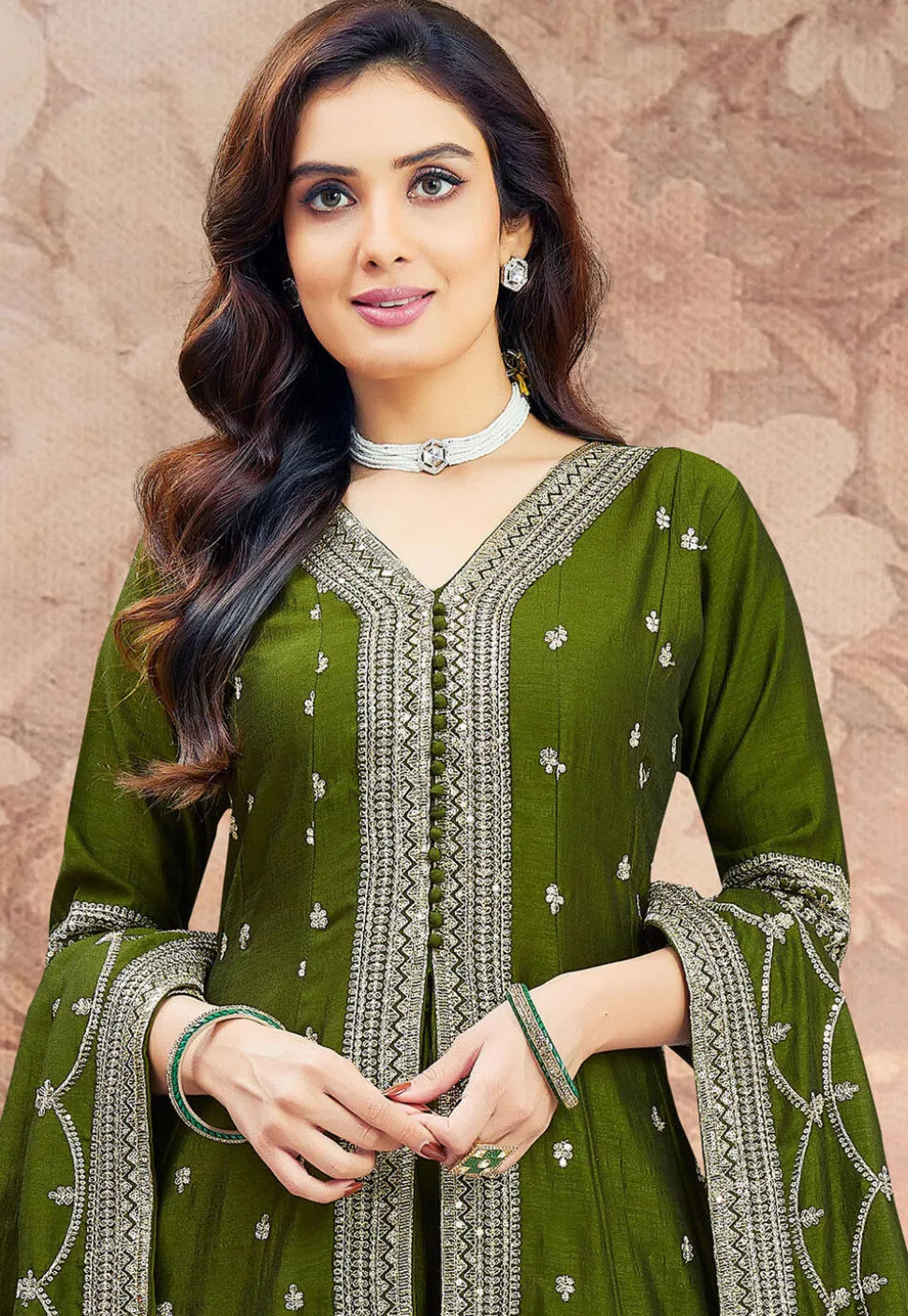 Embroidered Art Silk Anarkali Suit in Olive Green