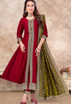 Embroidered Art Silk Anarkali Suit in Maroon