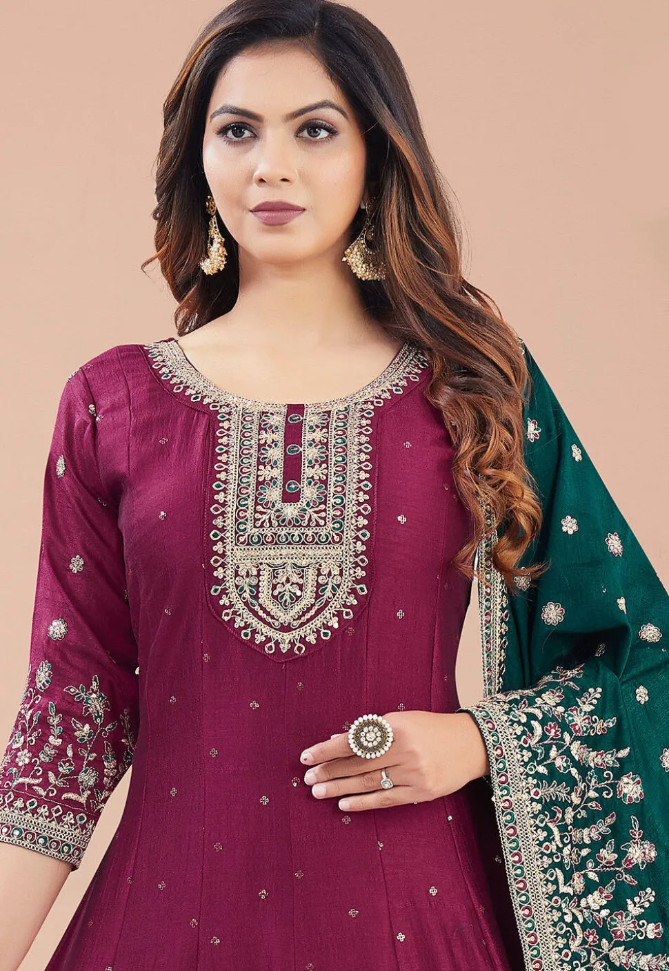 Embroidered Art Silk Anarkali suit in Wine
