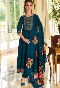 Embroidered Art Silk Anarkali Suit in Teal Blue