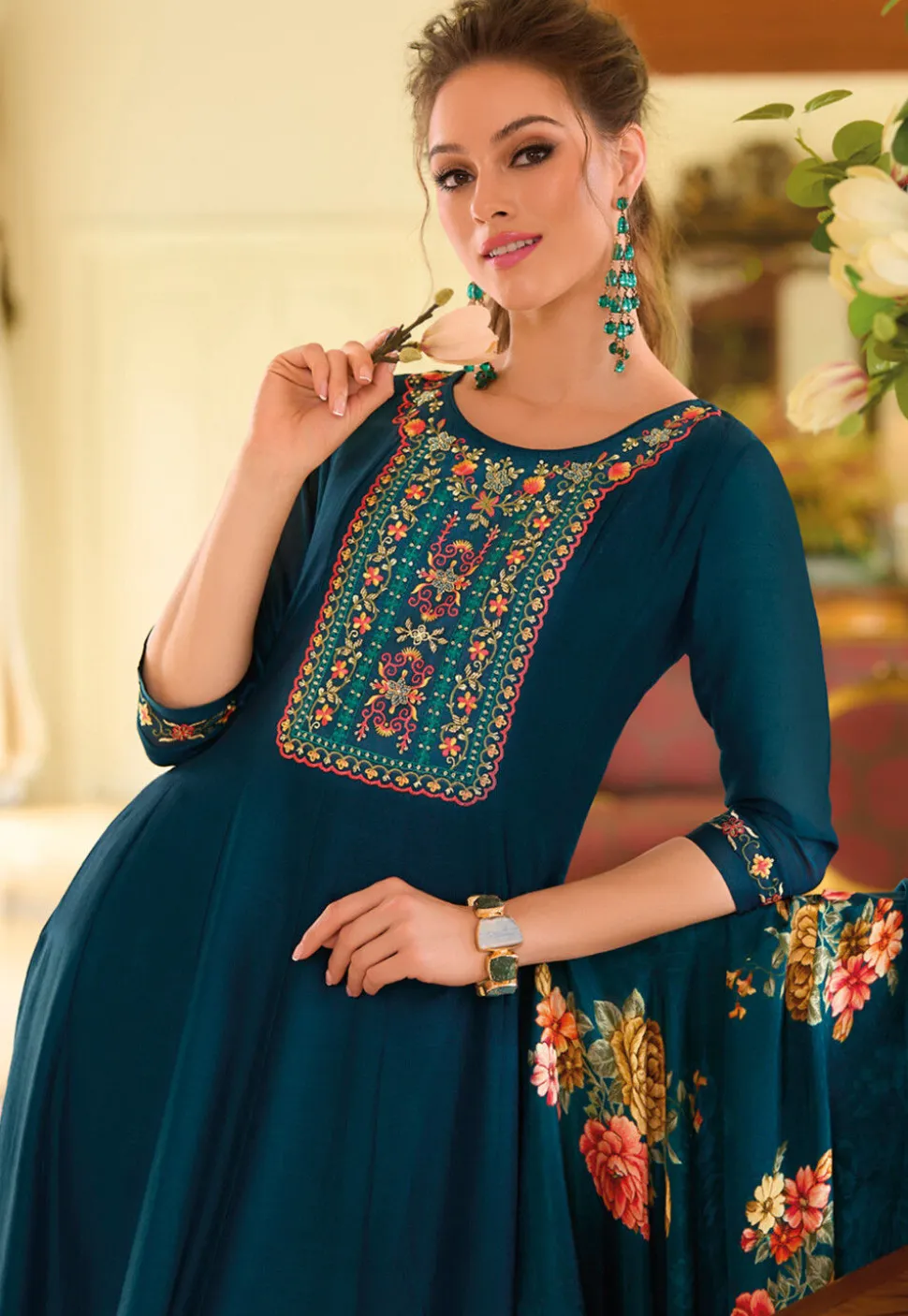 Embroidered Art Silk Anarkali Suit in Teal Blue