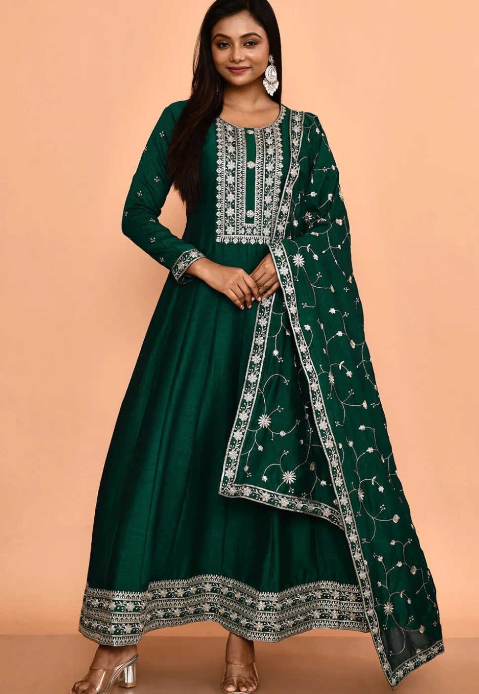 Embroidered Art Silk Anarkali Suit in Dark Green