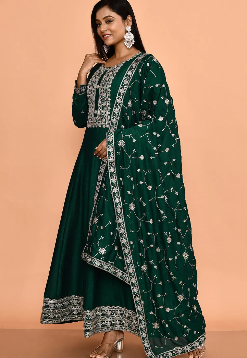 Embroidered Art Silk Anarkali Suit in Dark Green