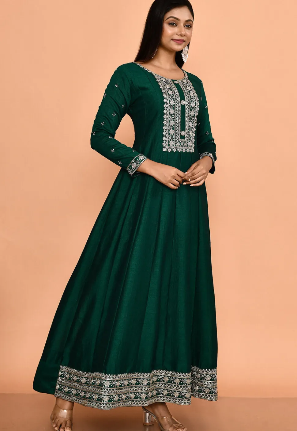 Embroidered Art Silk Anarkali Suit in Dark Green