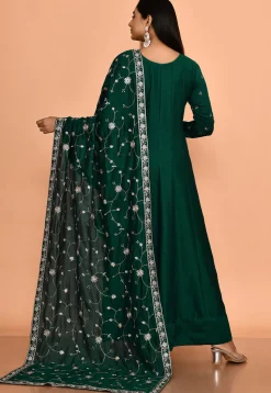 Embroidered Art Silk Anarkali Suit in Dark Green
