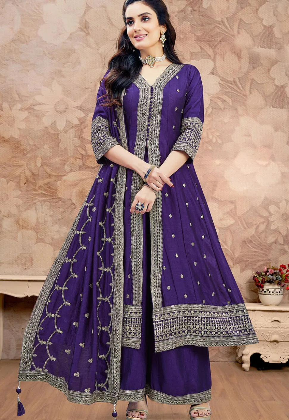 Embroidered Art Silk Anarkali Suit in Purple