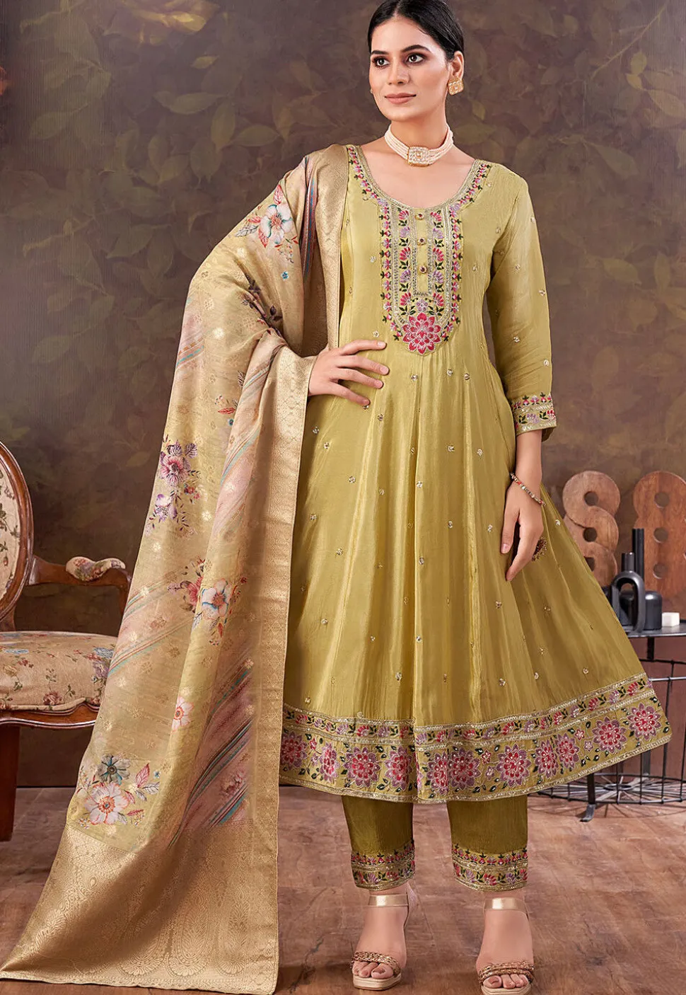 Embroidered Art Silk Anarkali Suit in Beige
