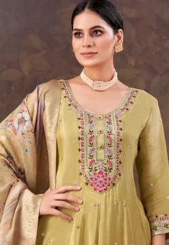 Embroidered Art Silk Anarkali Suit in Beige