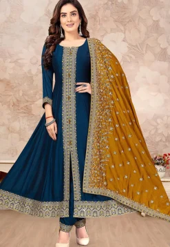 Embroidered Art Silk Anarkali Suit in Teal Blue