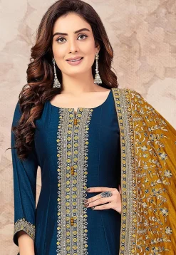 Embroidered Art Silk Anarkali Suit in Teal Blue