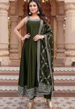 Embroidered Art Silk Anarkali Suit in Olive Green