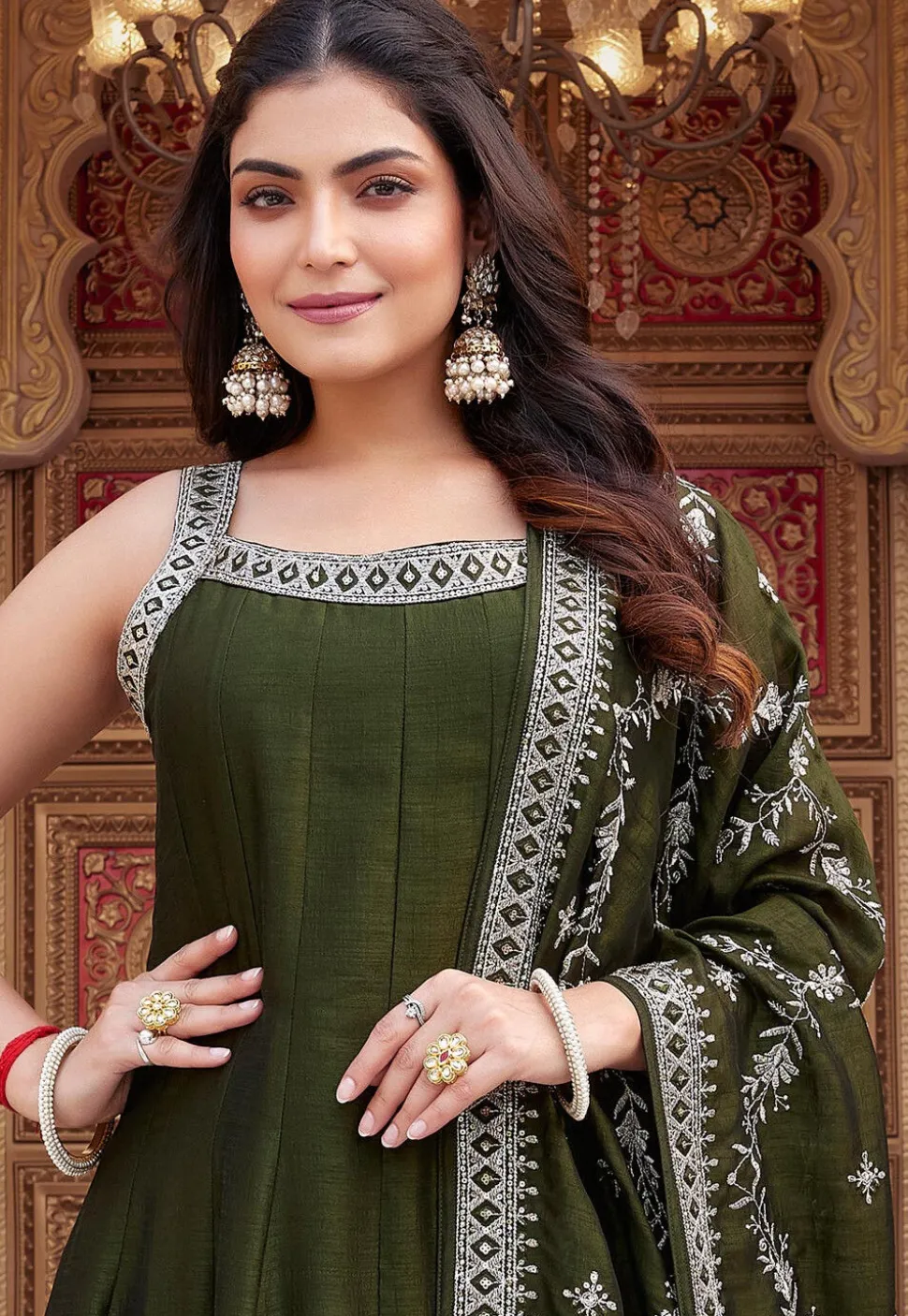 Embroidered Art Silk Anarkali Suit in Olive Green