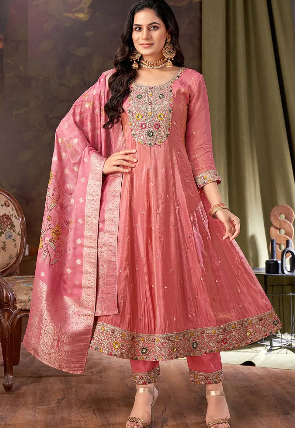 Embroidered Art Silk Anarkali Suit in Peach