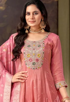 Embroidered Art Silk Anarkali Suit in Peach