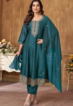 Embroidered Art Silk Anarkali Suit in Teal Blue