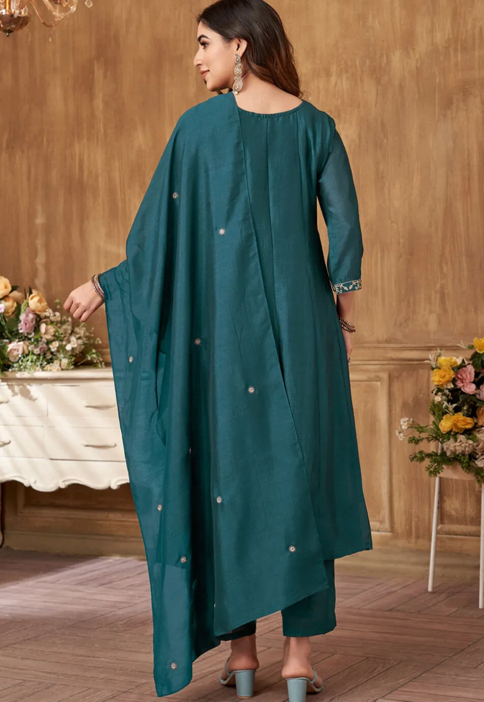Embroidered Art Silk Anarkali Suit in Teal Blue