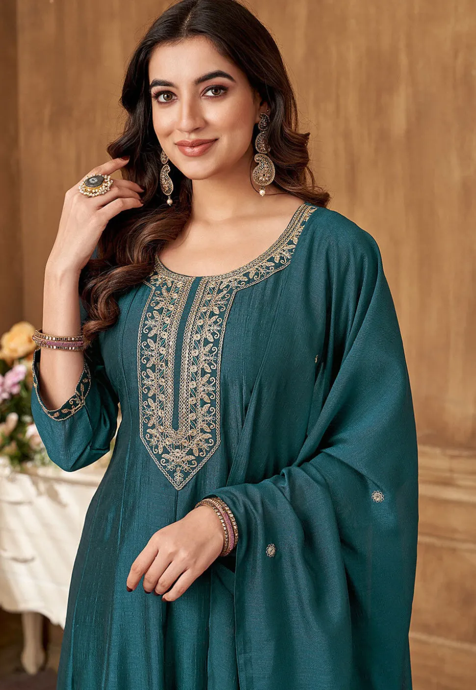 Embroidered Art Silk Anarkali Suit in Teal Blue