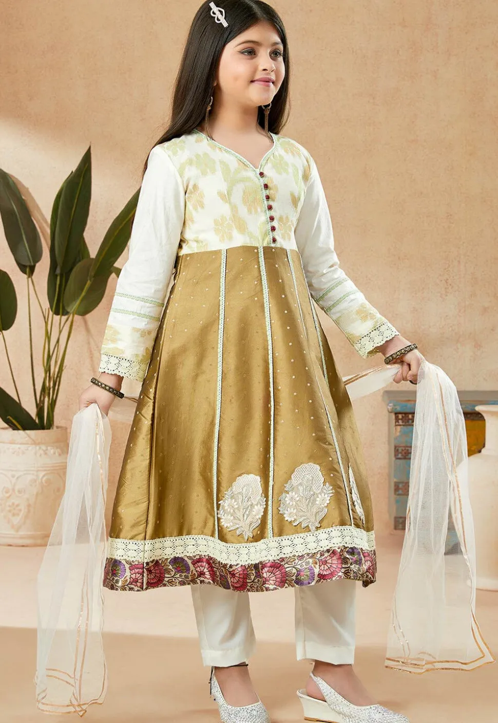 Embroidered Art Silk Anarkali Suit in Brown