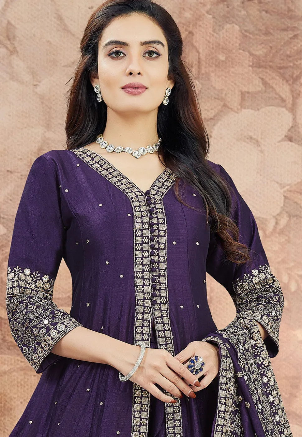Embroidered Art Silk Anarkali Suit in Purple