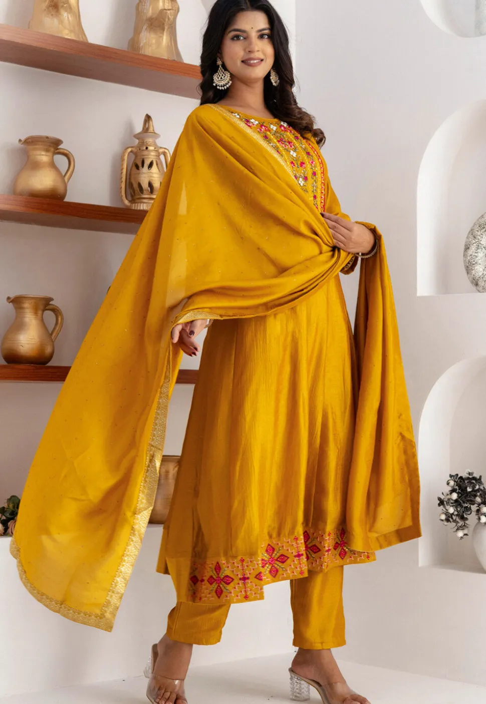 Embroidered Art Silk Anarkali Suit in Yellow