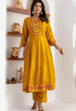 Embroidered Art Silk Anarkali Suit in Yellow