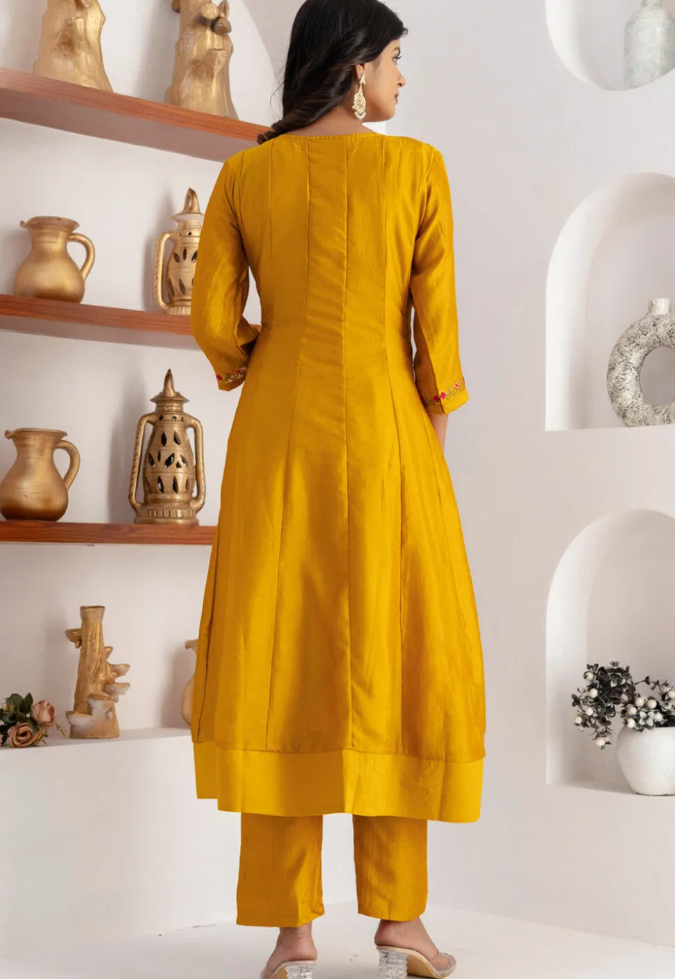 Embroidered Art Silk Anarkali Suit in Yellow