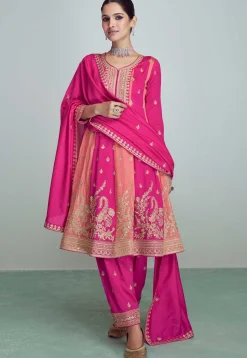 Embroidered Art Silk Anarkali Suit in Pink and Peach