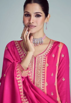 Embroidered Art Silk Anarkali Suit in Pink and Peach
