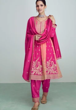 Embroidered Art Silk Anarkali Suit in Pink and Peach