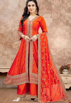 Embroidered Art Silk Anarkali Suit in Orange