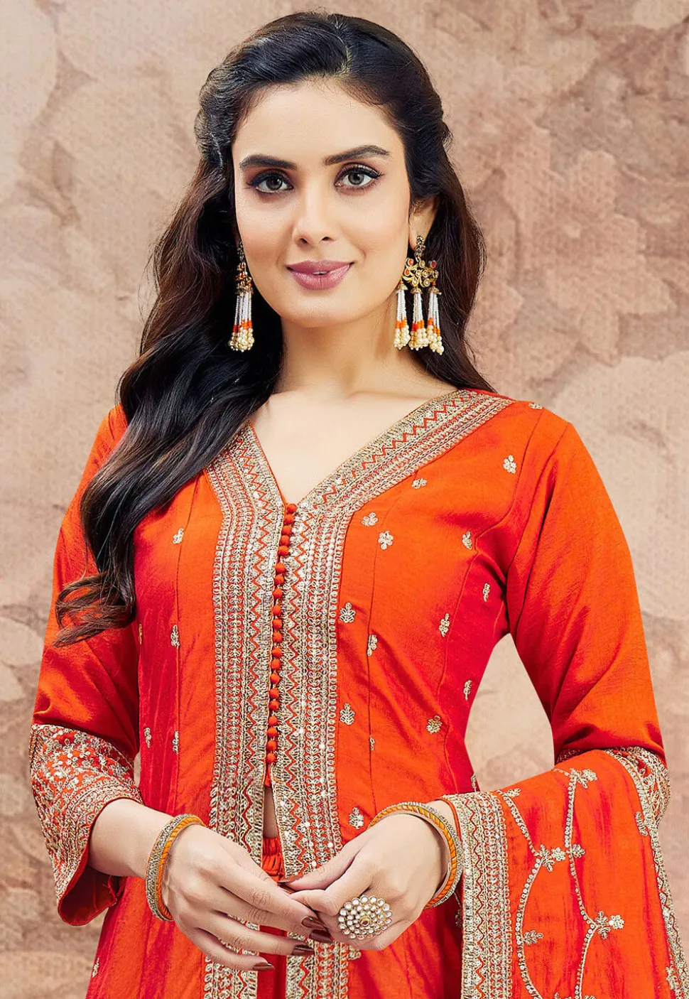 Embroidered Art Silk Anarkali Suit in Orange