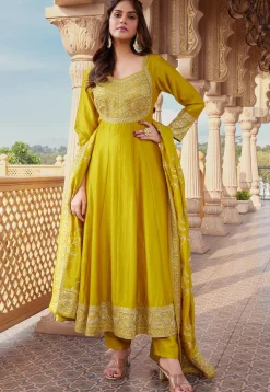 Embroidered Art Silk Anarkali Suit in Yellow