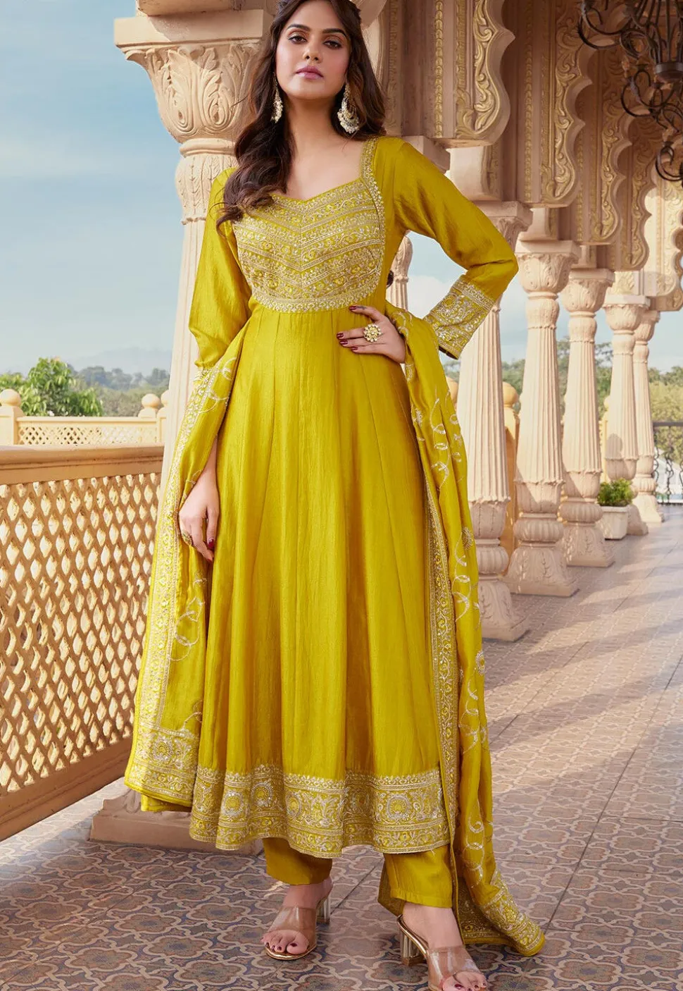 Embroidered Art Silk Anarkali Suit in Yellow