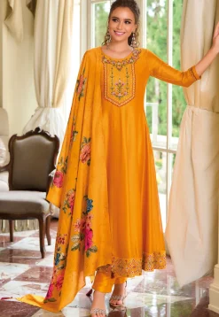 Embroidered Art Silk Anarkali Suit in Mustard