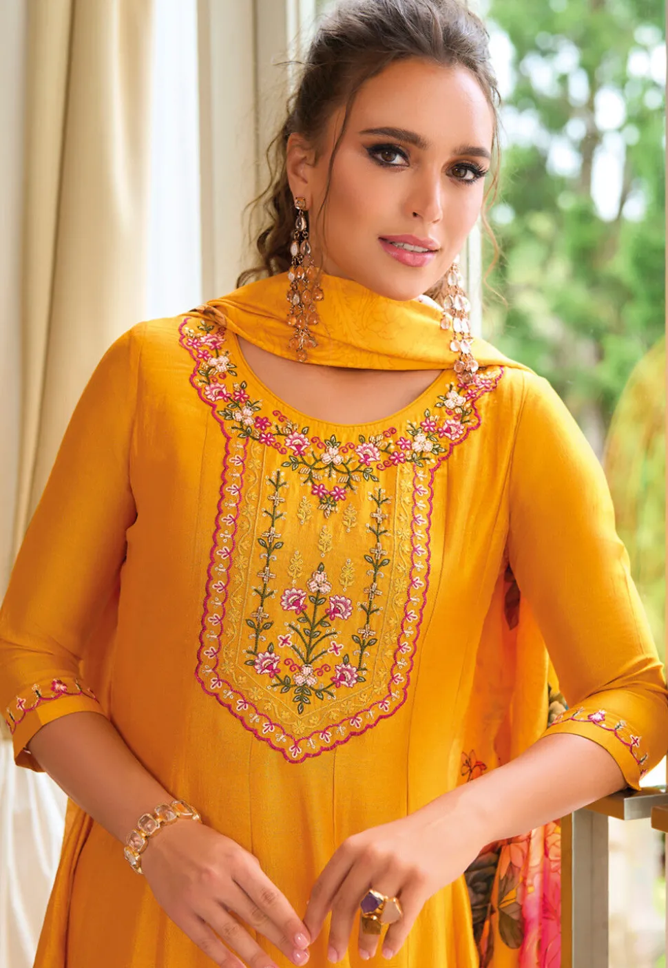 Embroidered Art Silk Anarkali Suit in Mustard
